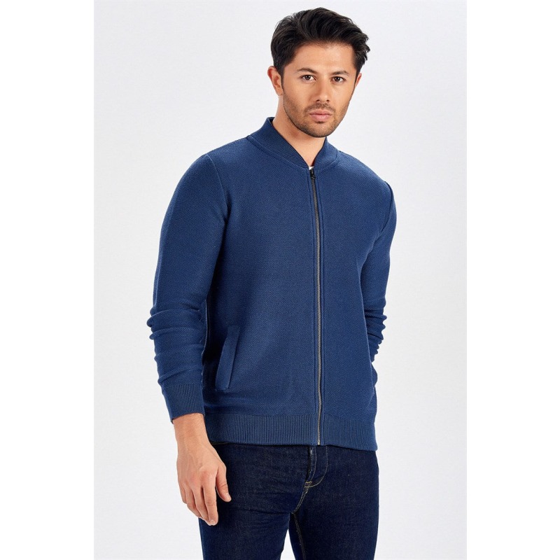 Thumbnail of Pique Knit Zipped Men's Cardigan - Indigo image