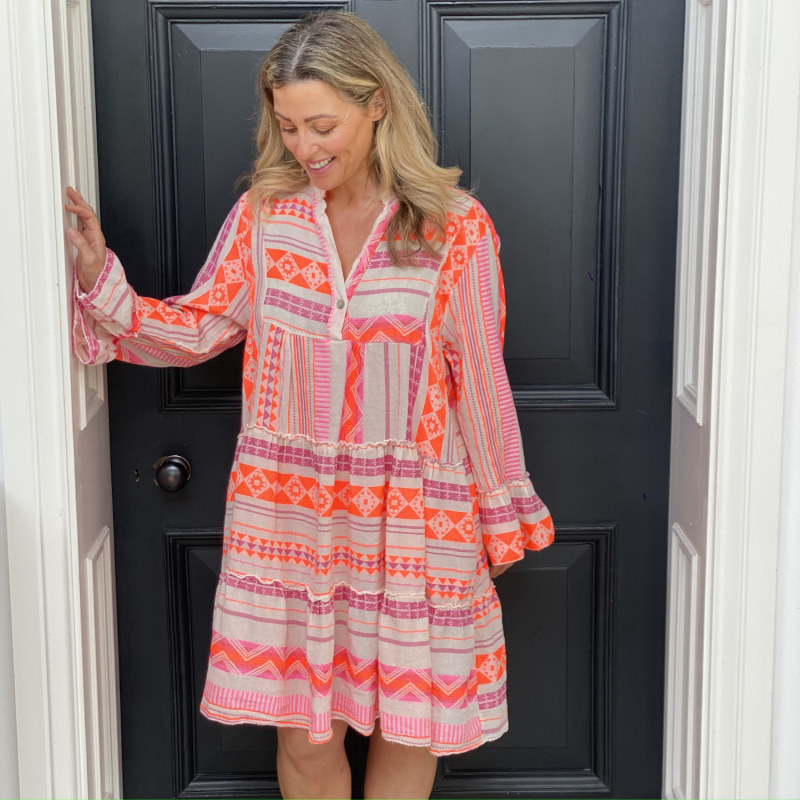 Aztec Neon Orange & Pink Dress Cove Wolf & Badger