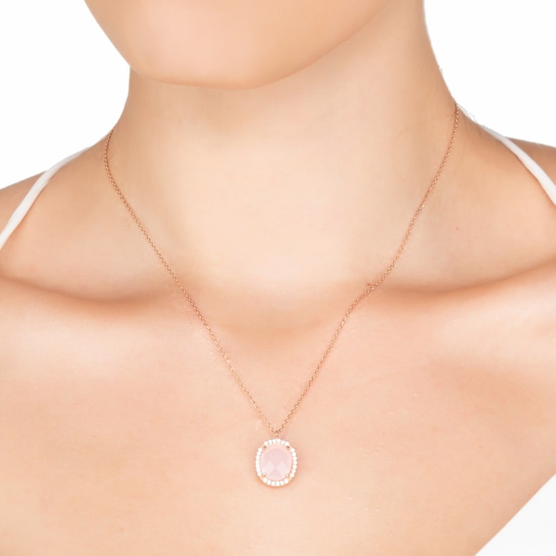 Thumbnail of Beatrice Oval Gemstone Pendant Necklace Rose Gold Rose Quartz image