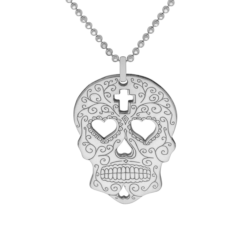 Thumbnail of Small Silver Sugar Skull Heart Eyes Pendant Necklace image