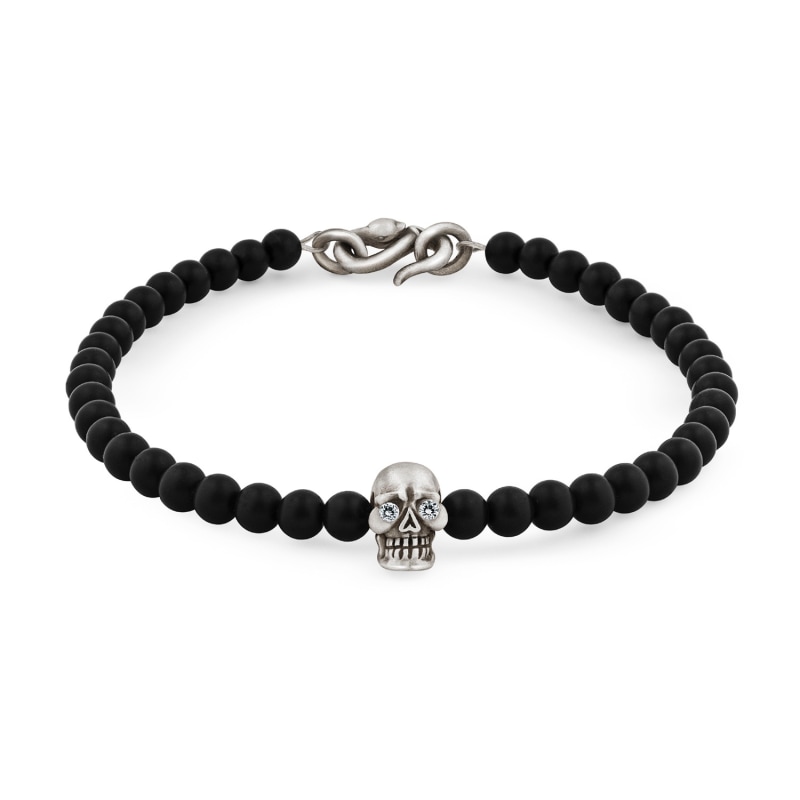 Thumbnail of Skull Bracelet in Sterling Silver with Diamonds Black Onyx & Snake Clasp image