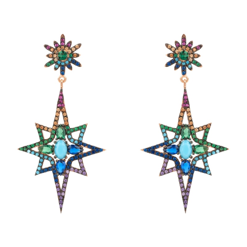 Thumbnail of Northern Star Burst Multi Coloured Gemstone Earrings Rosegold image