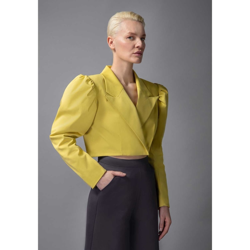 Thumbnail of Puff Shoulder Cropped Cotton Blazer - Mustard Yellow image