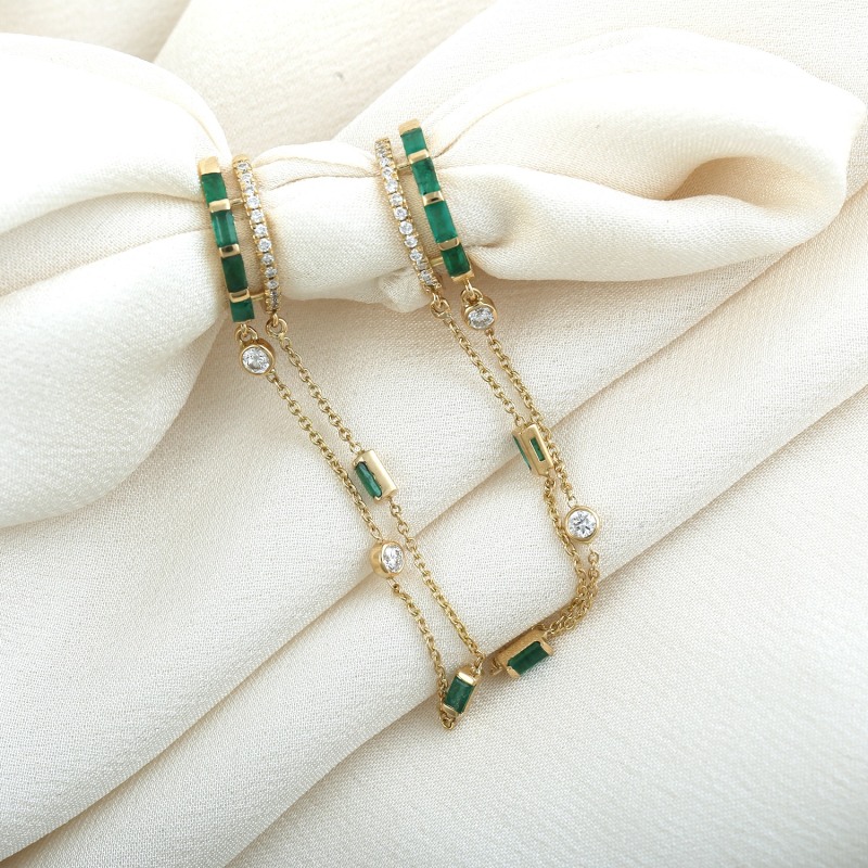 Thumbnail of Baguette Emerald & Diamond Double Mixed Fringe Chain Huggies Hoops Earring In 18K Gold image