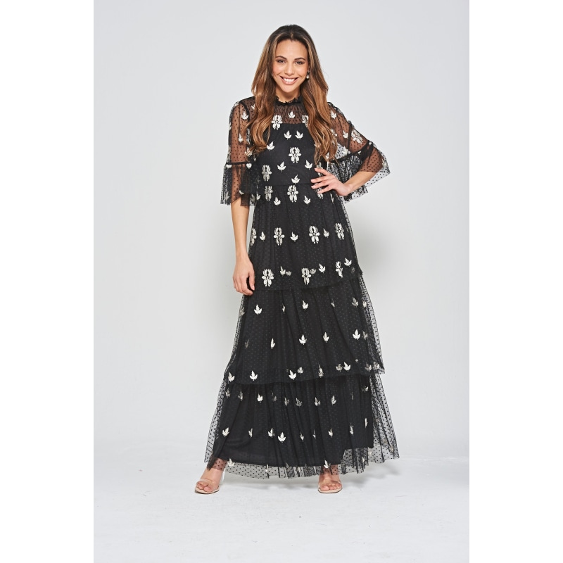 Thumbnail of Baia Leaf Embroidered Tiered Maxi Dress - Black image