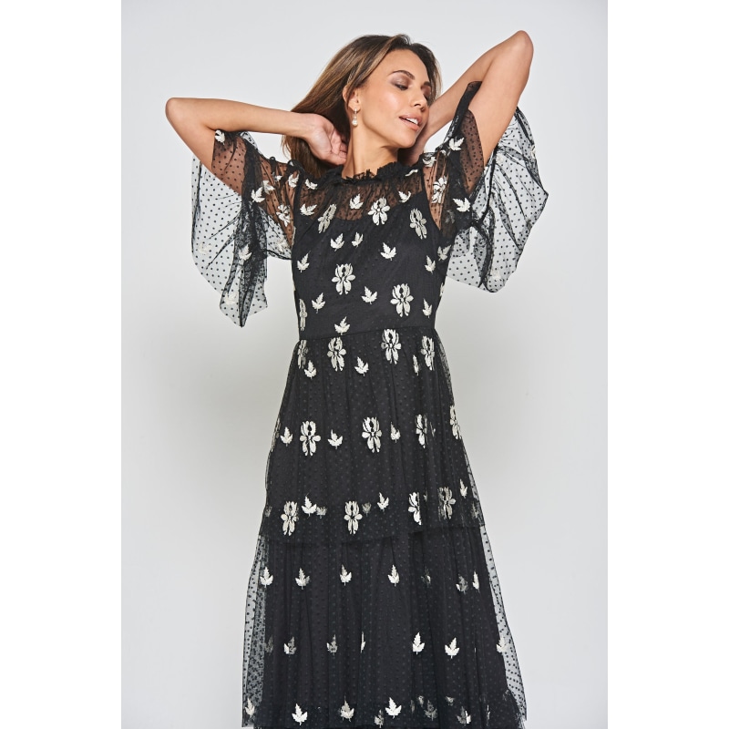 Thumbnail of Baia Leaf Embroidered Tiered Maxi Dress - Black image