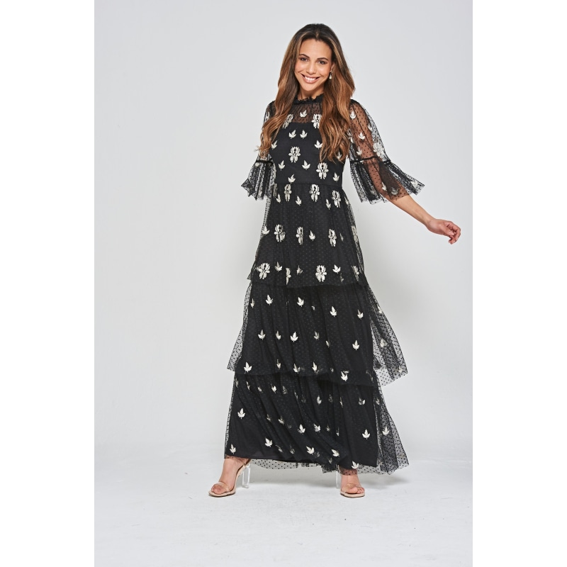 Thumbnail of Baia Leaf Embroidered Tiered Maxi Dress - Black image