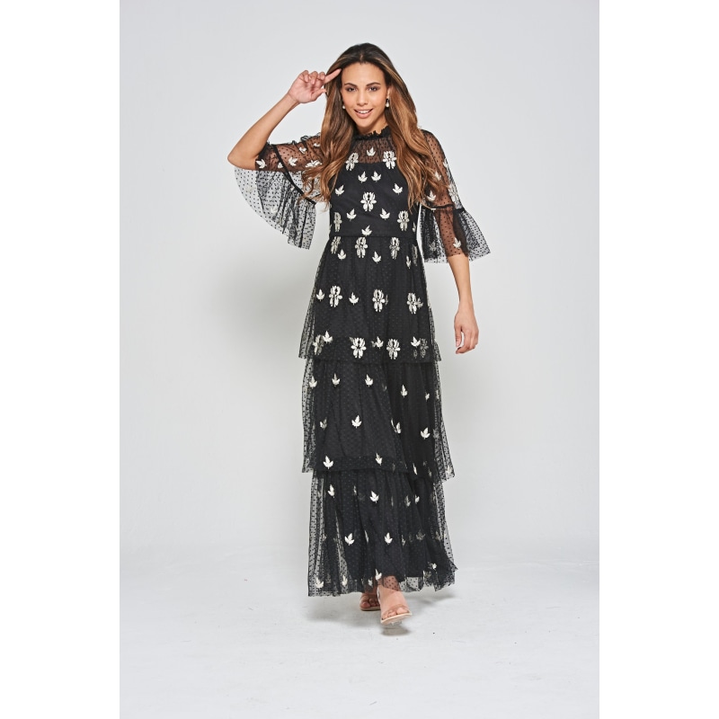 Thumbnail of Baia Leaf Embroidered Tiered Maxi Dress - Black image