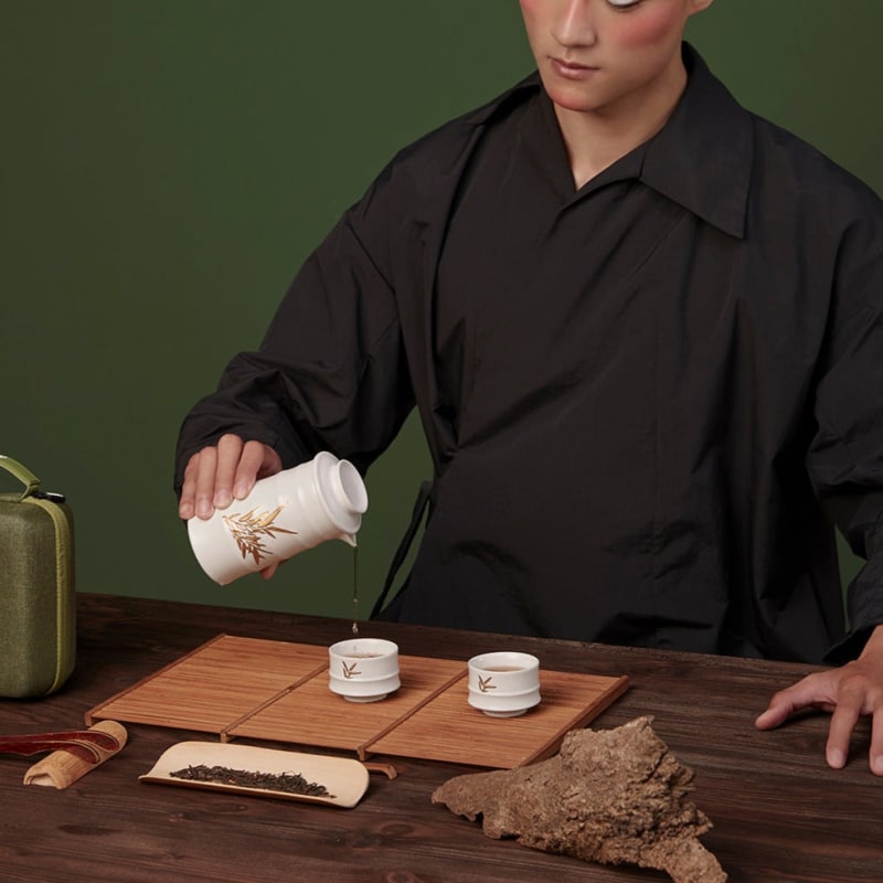 Thumbnail of Bamboo Kung Fu Tea Set 1 Pot With 2 Cups- White/Gold image