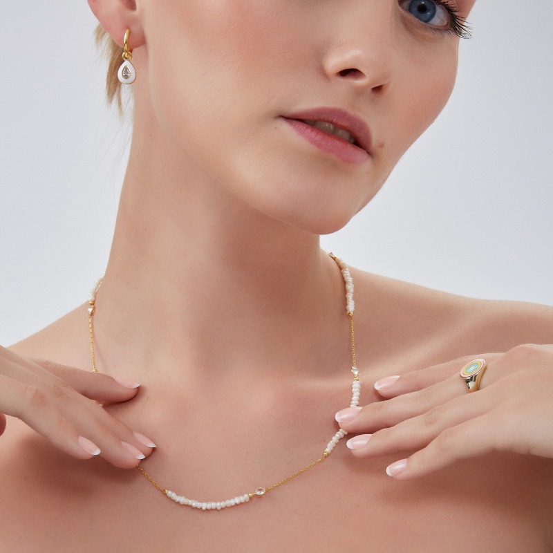 Thumbnail of Baroque Irregular Pearl Jewelled Sterling Silver Chain Necklace In Gold image