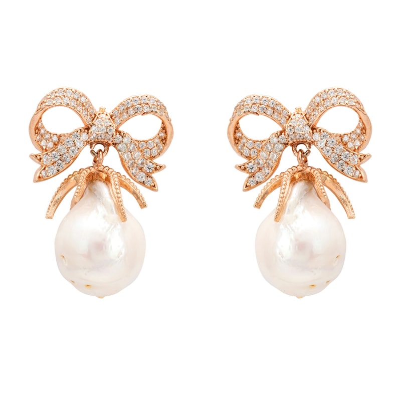 Baroque Pearl Ribbon And Bows Drop Earrings Rosegold, LATELITA