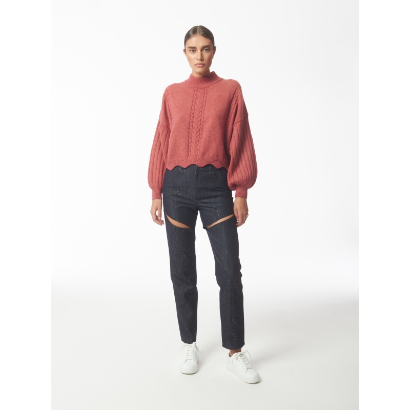 Thumbnail of Batwing Sleeves Scallop Edge Knit Jumper In Brick Red image