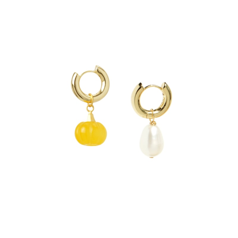 Thumbnail of Jade Pumpkin And Freshwater Pearl Drop Gold Vermeil Hoop Earrings image