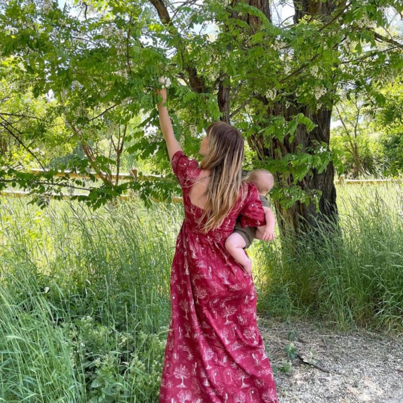 Thumbnail of Beatrice Maxi Dress With A Sweetheart Neckline In Ruby Red & Alabaster White Cotton Toile image