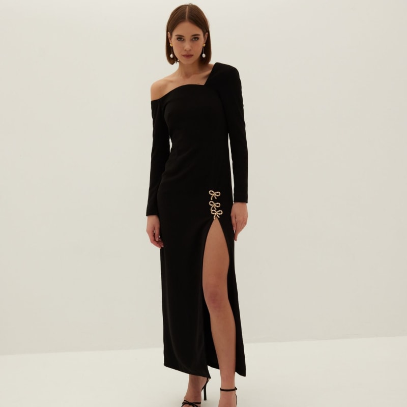 Thumbnail of Beau Asymmetric Crepe Maxi Dress With Bows - Black image