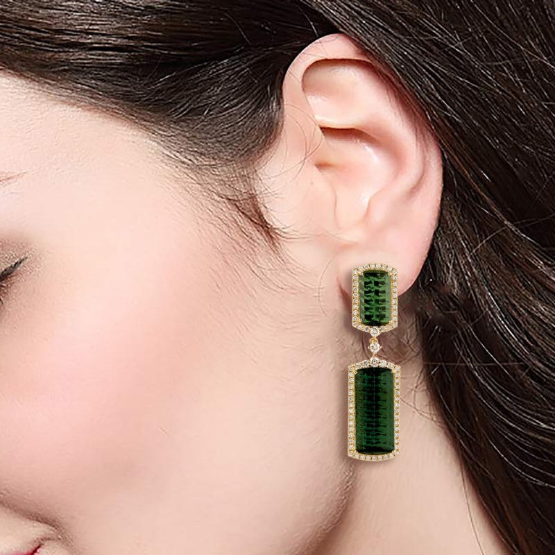 Beautiful Green Tourmaline Pave Diamond Designer Dangle Earrings In 18k Yellow Gold by Artisan