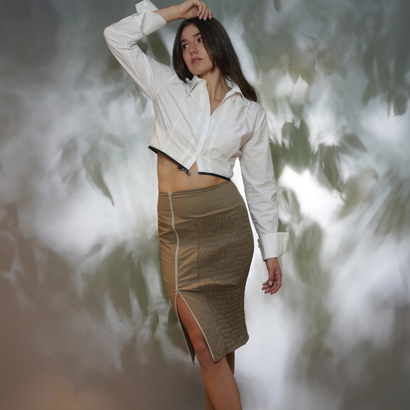 Thumbnail of Beige Cotton Ruched Fitted Skirt image