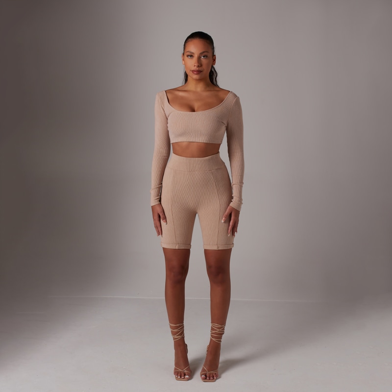 Beige Ribbed Long Sleeve Crop Top & Cycling Shorts Co Ord Set by ECRU LABEL