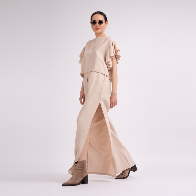 Thumbnail of Beige Set With Ruffled T-Shirt And Trousers With Slits image