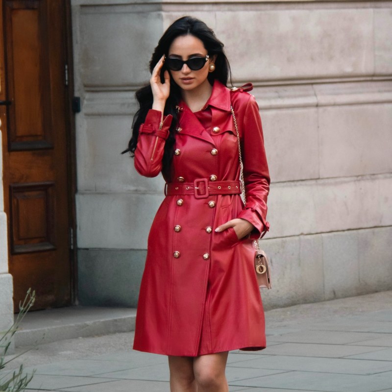 Thumbnail of 'Belle Du Jour' 100% Leather Trench Coat In Rosso image