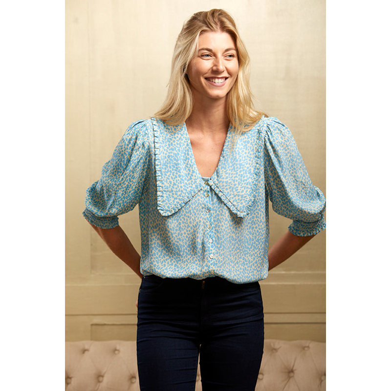 Thumbnail of Pure Silk Frill Blouse In Teal Blue Print image