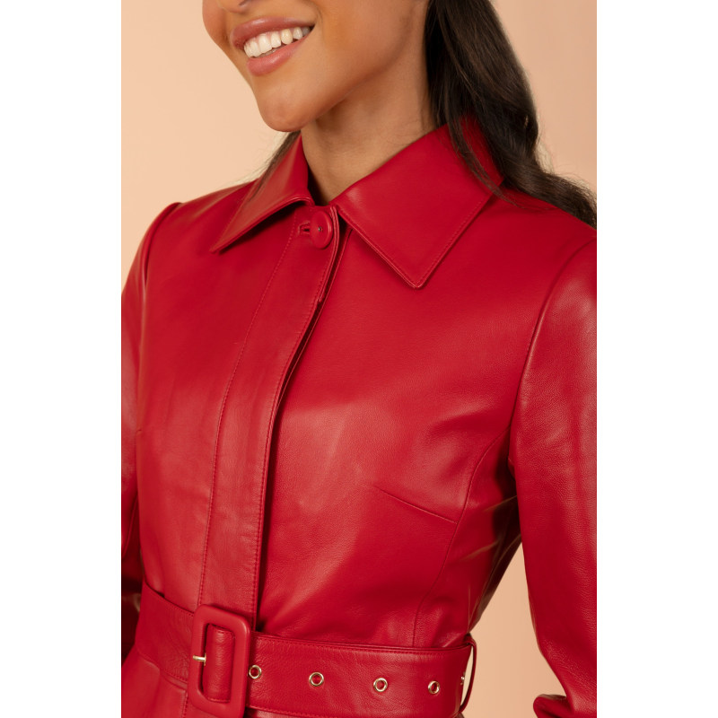 Thumbnail of Bellucci Belted Leather Coat In Rosso image