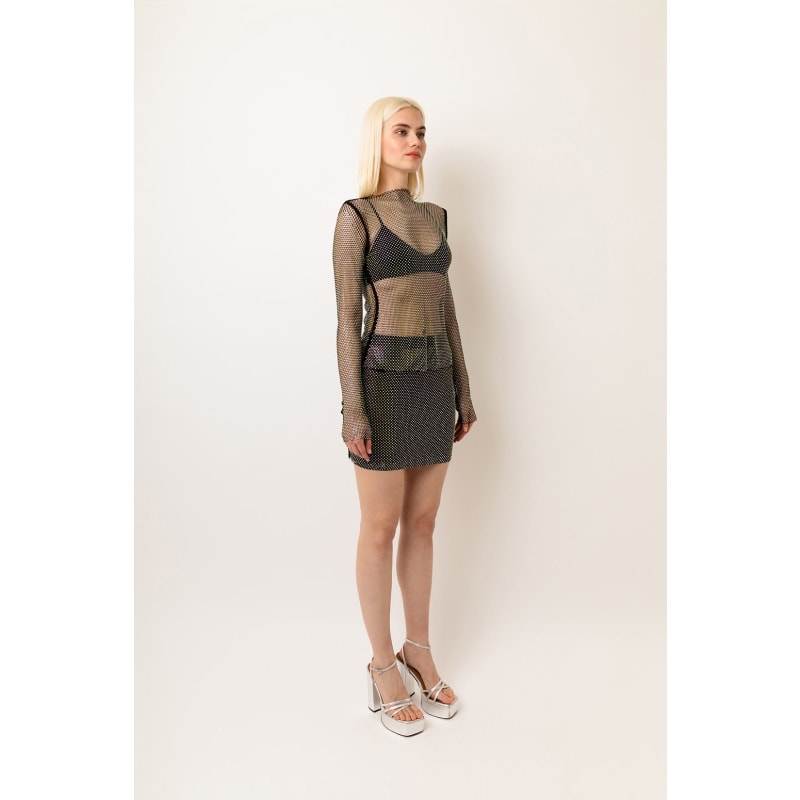 Bethan Black Net Mesh Rhinestone Mini Skirt by AMY LYNN