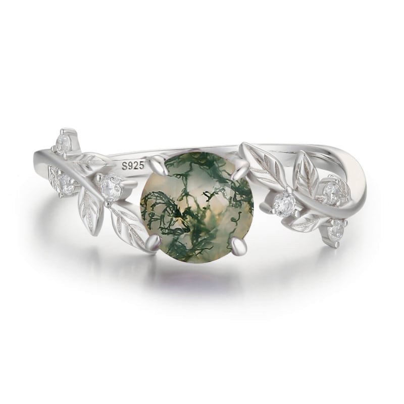 Thumbnail of Between The Leaf Round Moss Agate Ring White Gold Vermeil© image