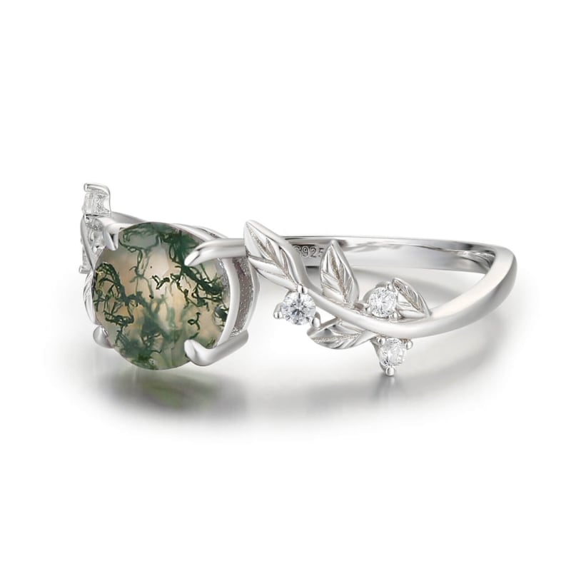 Thumbnail of Between The Leaf Round Moss Agate Ring White Gold Vermeil© image