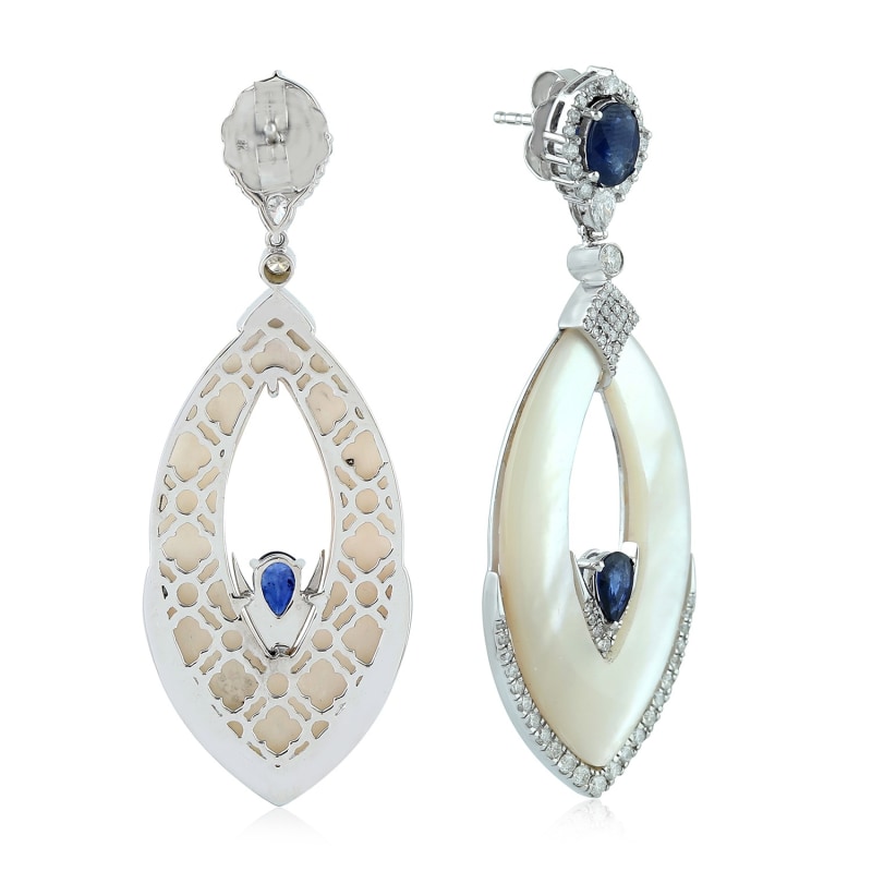 Thumbnail of 18K White Gold Pave Diamond Mother Of Pearl Blue Sapphire Dangle Earrings Handmade Jewelry image