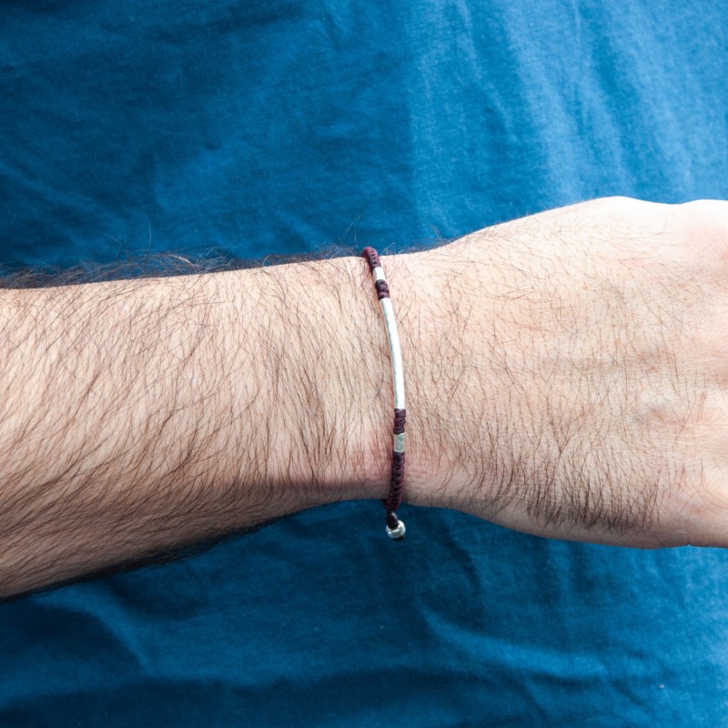 Thumbnail of Red Wine Rounded Viking Style Men Bracelet. Hammered Silver With Knots - Red image