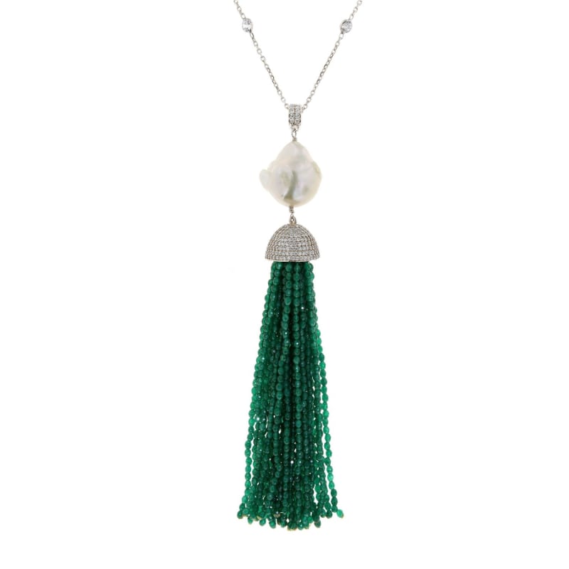 Thumbnail of Sterling Silver Jade Baroque Tassel Necklace  image