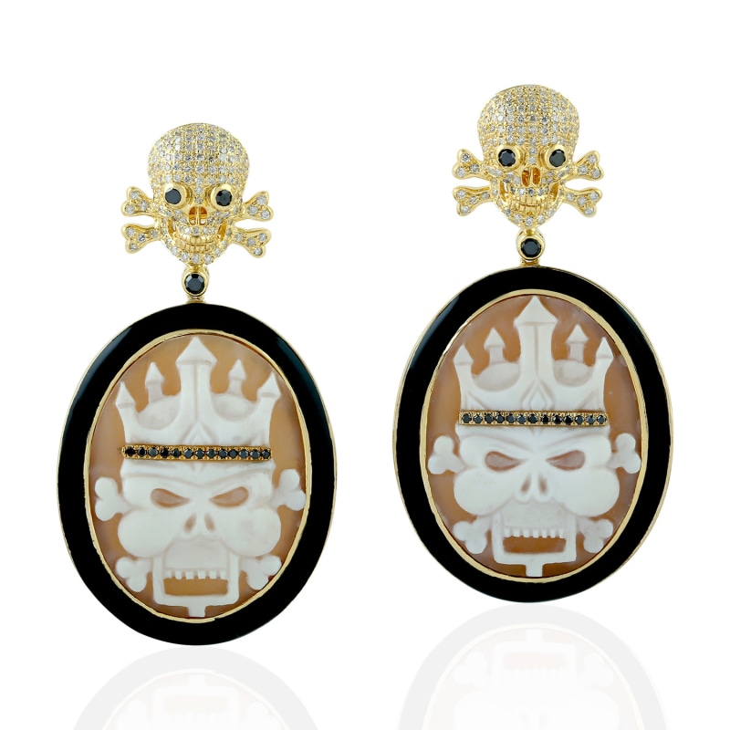 Thumbnail of Yellow Gold Pave Diamond Skull Dangle Earring Shell Cameos image