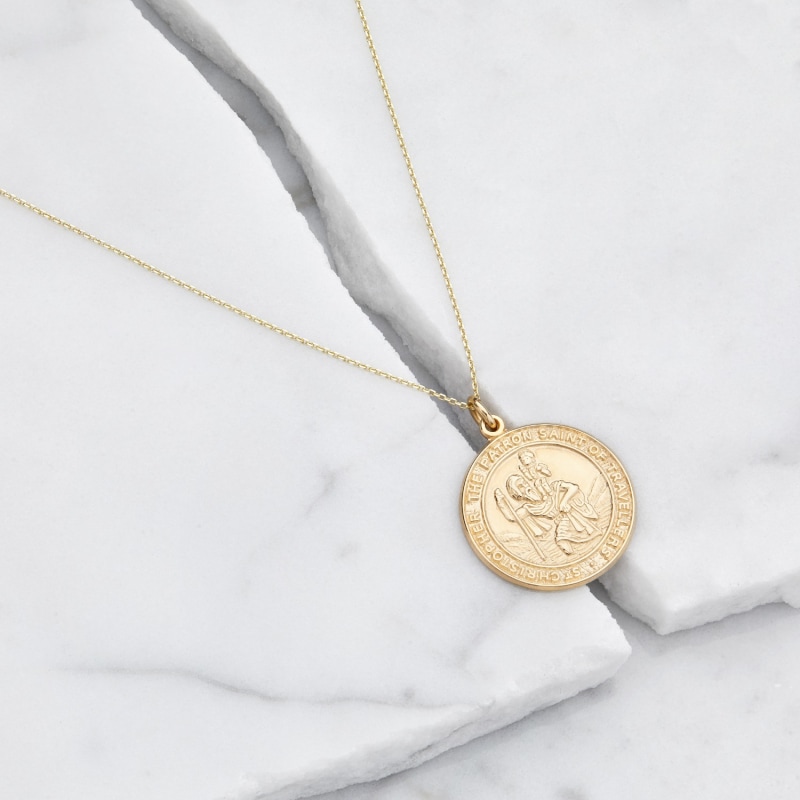 Thumbnail of Solid Gold Large Round St Christopher Medallion Necklace image