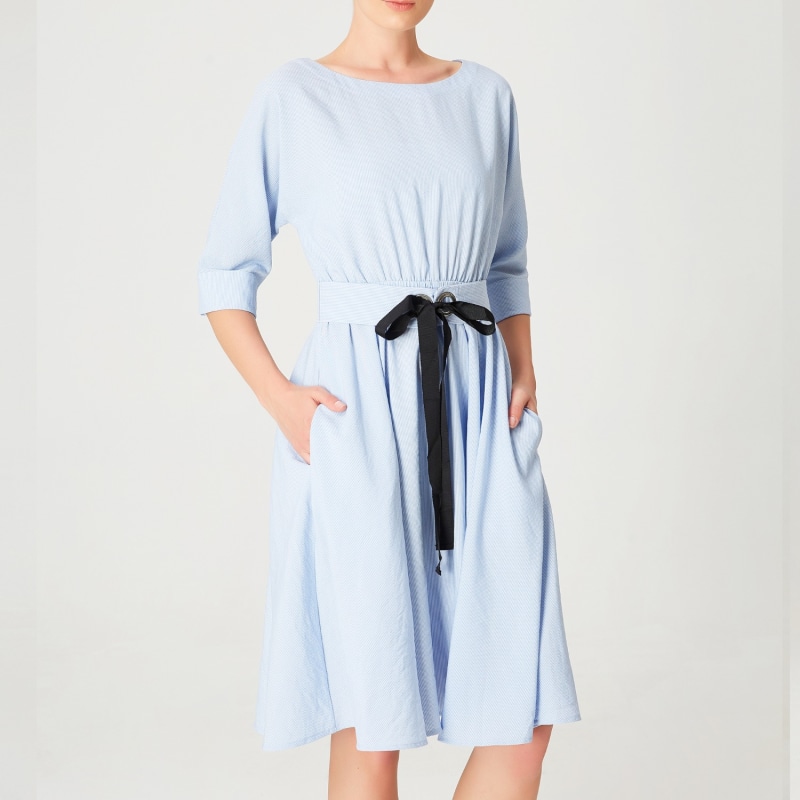 Thumbnail of Wide-Belt Flared Dress -Blue image