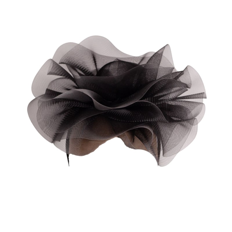 Thumbnail of Black Crin Centred Headpiece With Silver Edge Detail On Black Satin Headband image