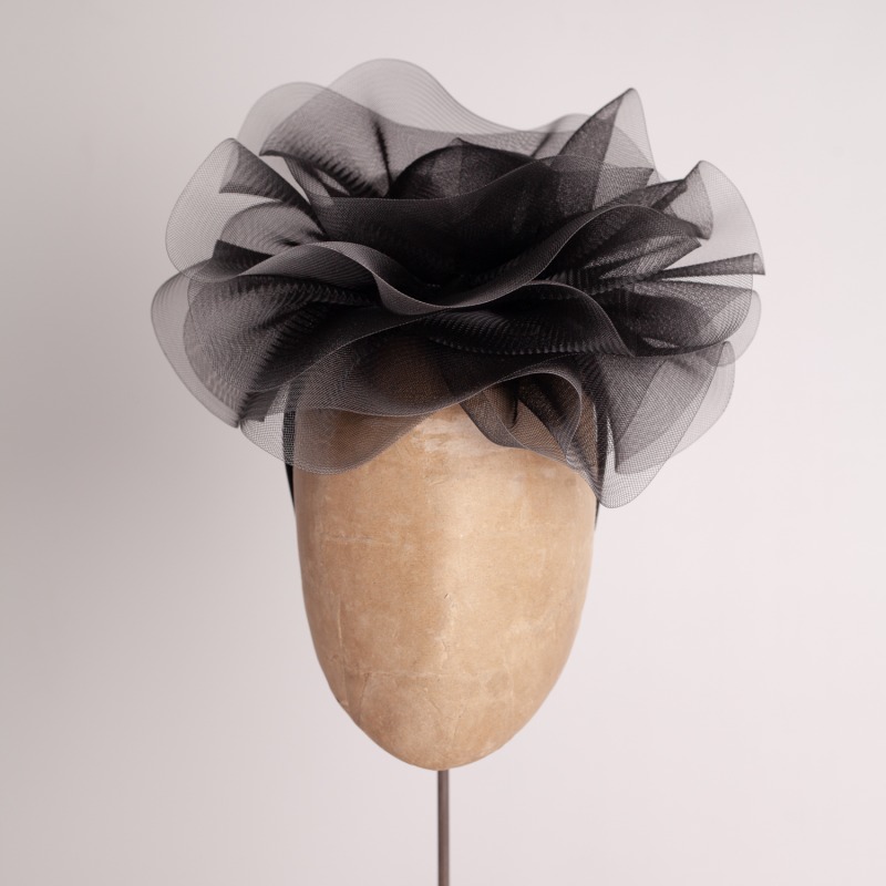 Thumbnail of Black Crin Centred Headpiece With Silver Edge Detail On Black Satin Headband image