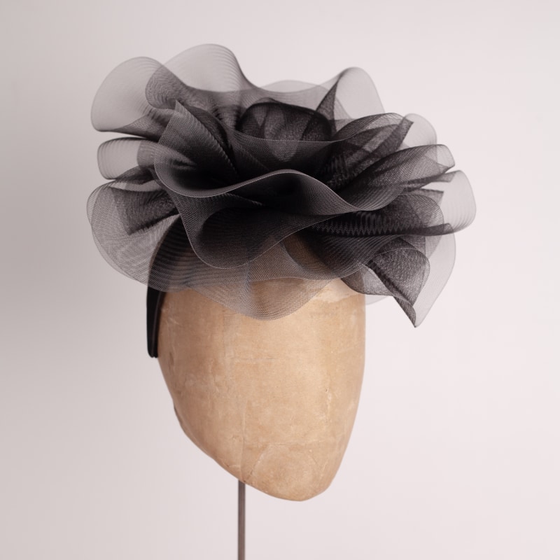 Thumbnail of Black Crin Centred Headpiece With Silver Edge Detail On Black Satin Headband image