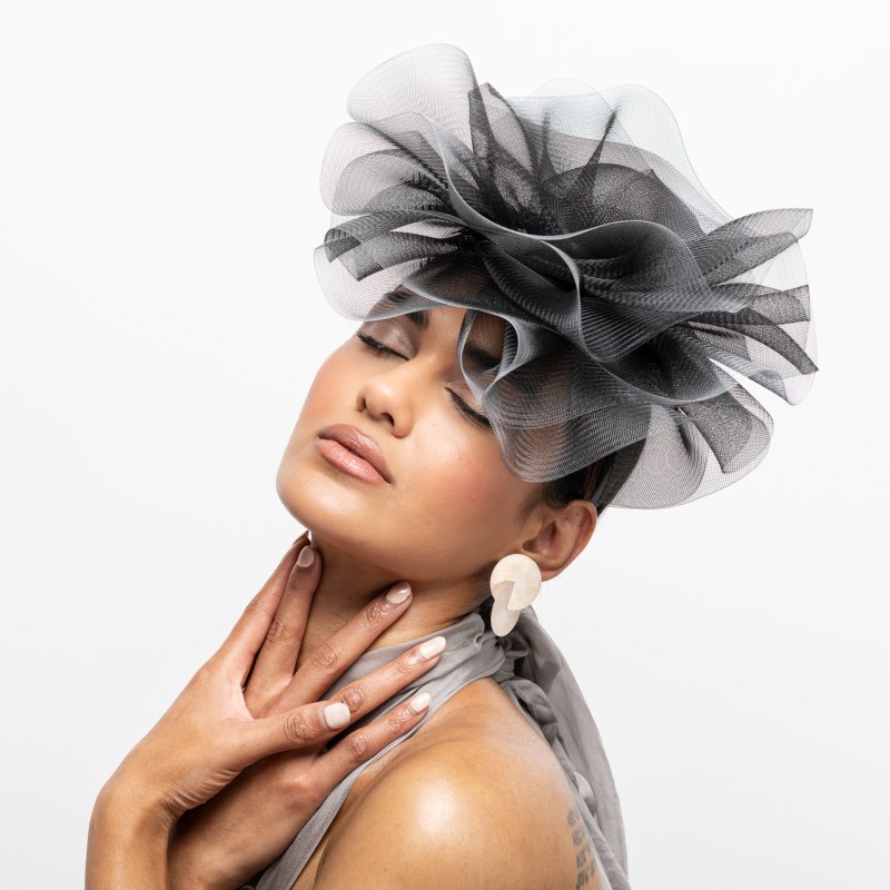 Thumbnail of Black Crin Centred Headpiece With Silver Edge Detail On Black Satin Headband image