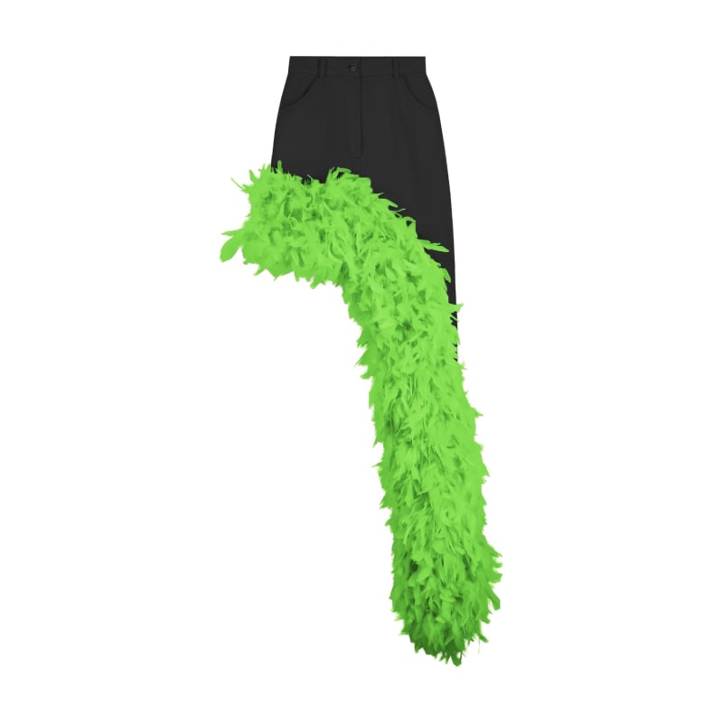 Thumbnail of Black Denim Asymmetrical Green Feather Trim Skirt image