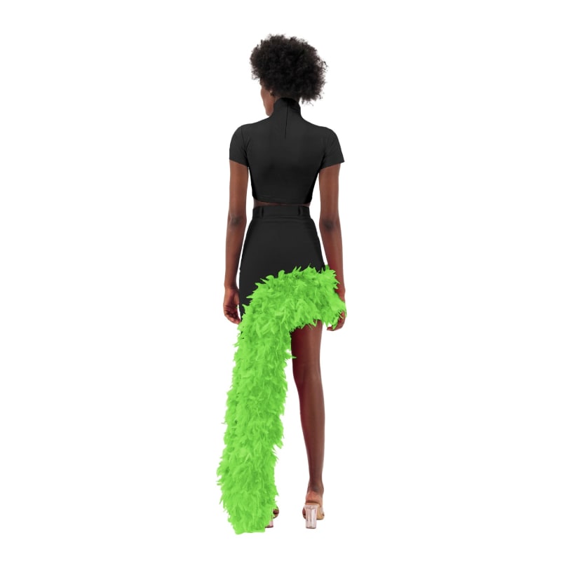 Thumbnail of Black Denim Asymmetrical Green Feather Trim Skirt image