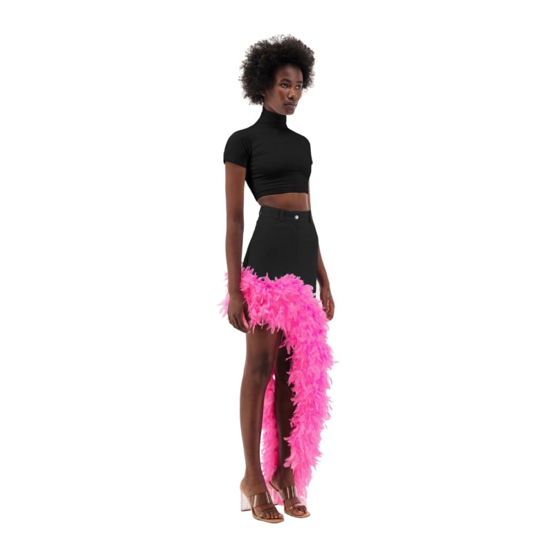 Thumbnail of Black Denim Asymmetrical Pink Feather Trim Skirt image