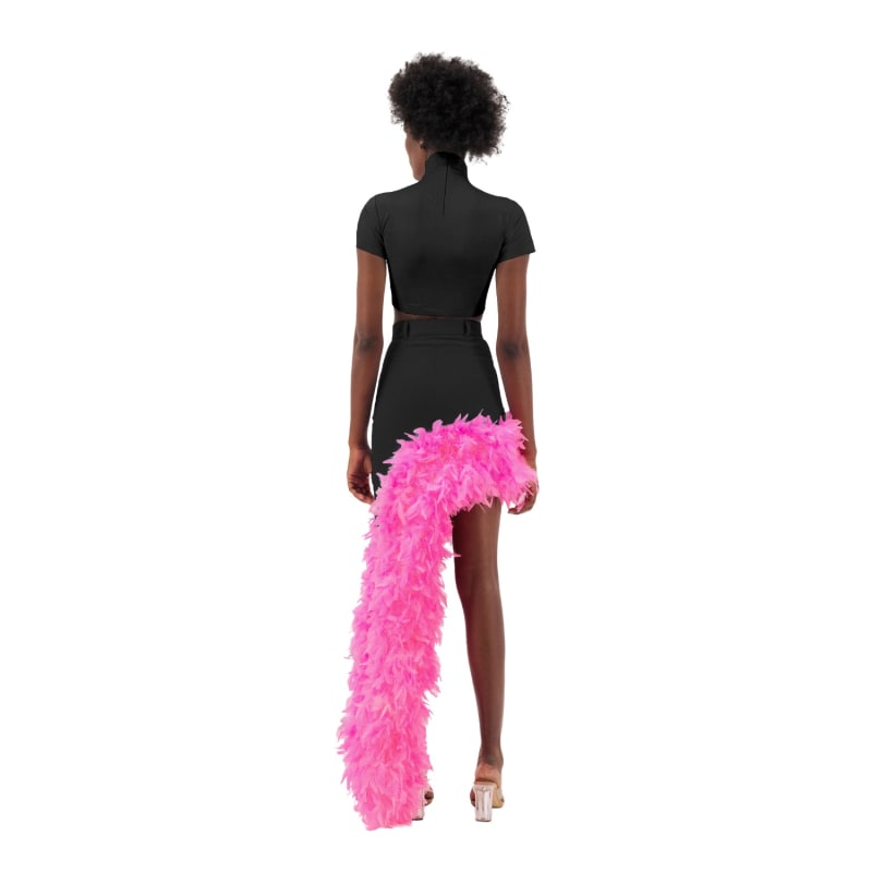 Thumbnail of Black Denim Asymmetrical Pink Feather Trim Skirt image