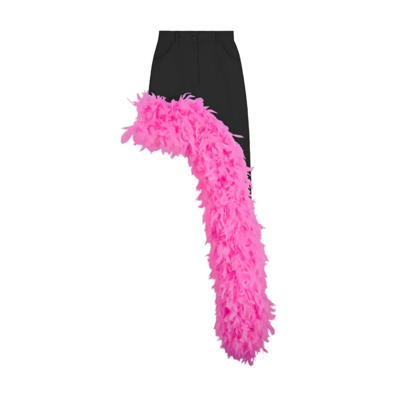 Thumbnail of Black Denim Asymmetrical Pink Feather Trim Skirt image