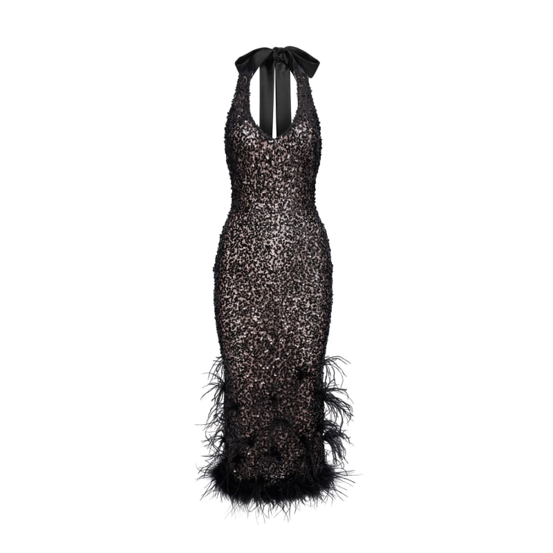 Thumbnail of Black Feather Trim Sequin Midi Dress image