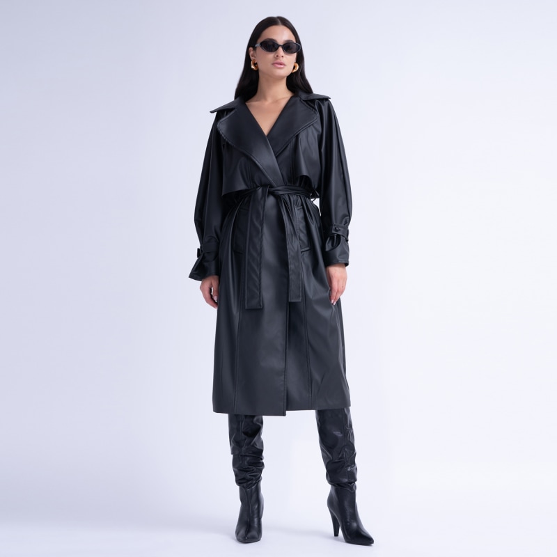 Thumbnail of Black Leather Raglan Sleeve Trench Coat With Belt image