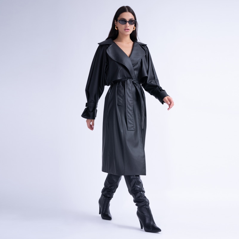 Thumbnail of Black Leather Raglan Sleeve Trench Coat With Belt image