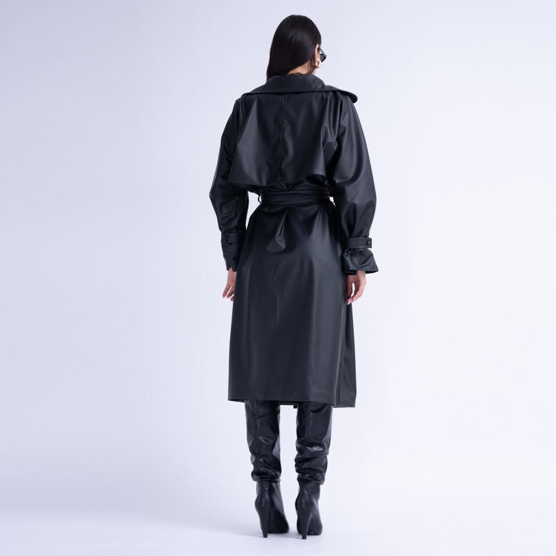 Thumbnail of Black Leather Raglan Sleeve Trench Coat With Belt image