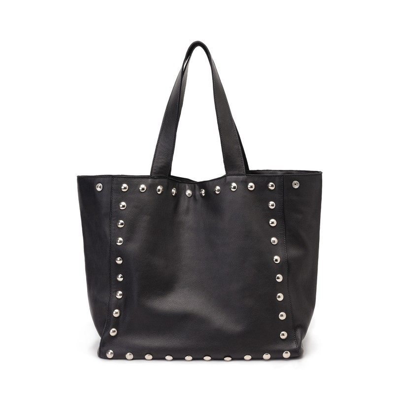 Black Leather Studded Tote Bag JUAN JO Wolf Badger