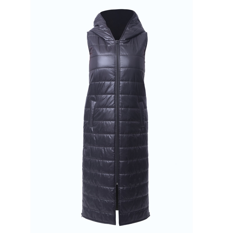 Black Long Puffer Vest With Hood by Metamorphoza